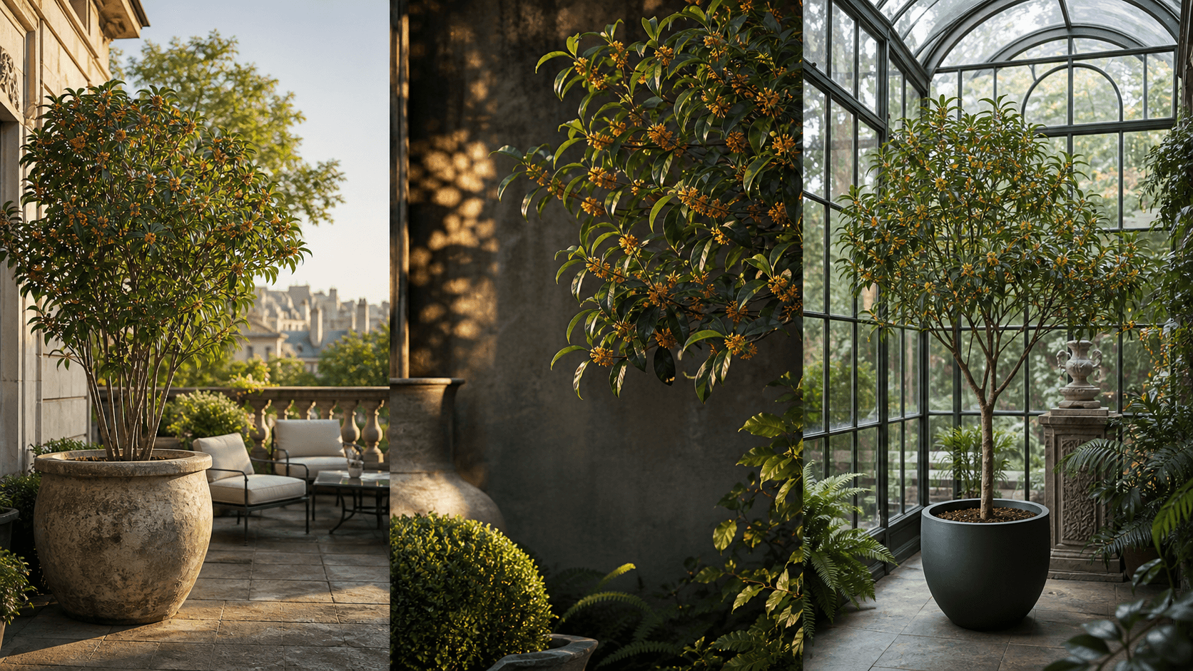 Sweet Olive shown in three settings: Executive office, Refined living room, Bright conservatory