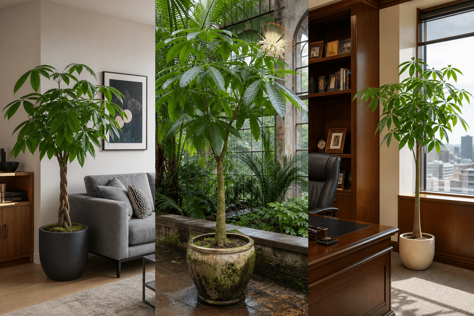Money Tree shown in three settings: Executive office, Refined living room, Bright conservatory