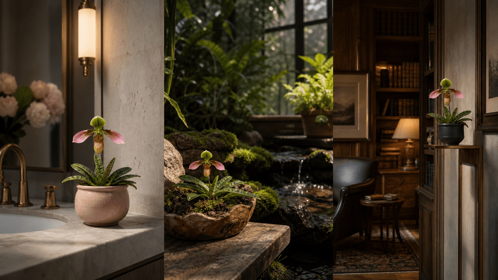 Appletonianum slipper orchid shown in three settings: Refined living room, Bright architectural entryway, Sheltered patio