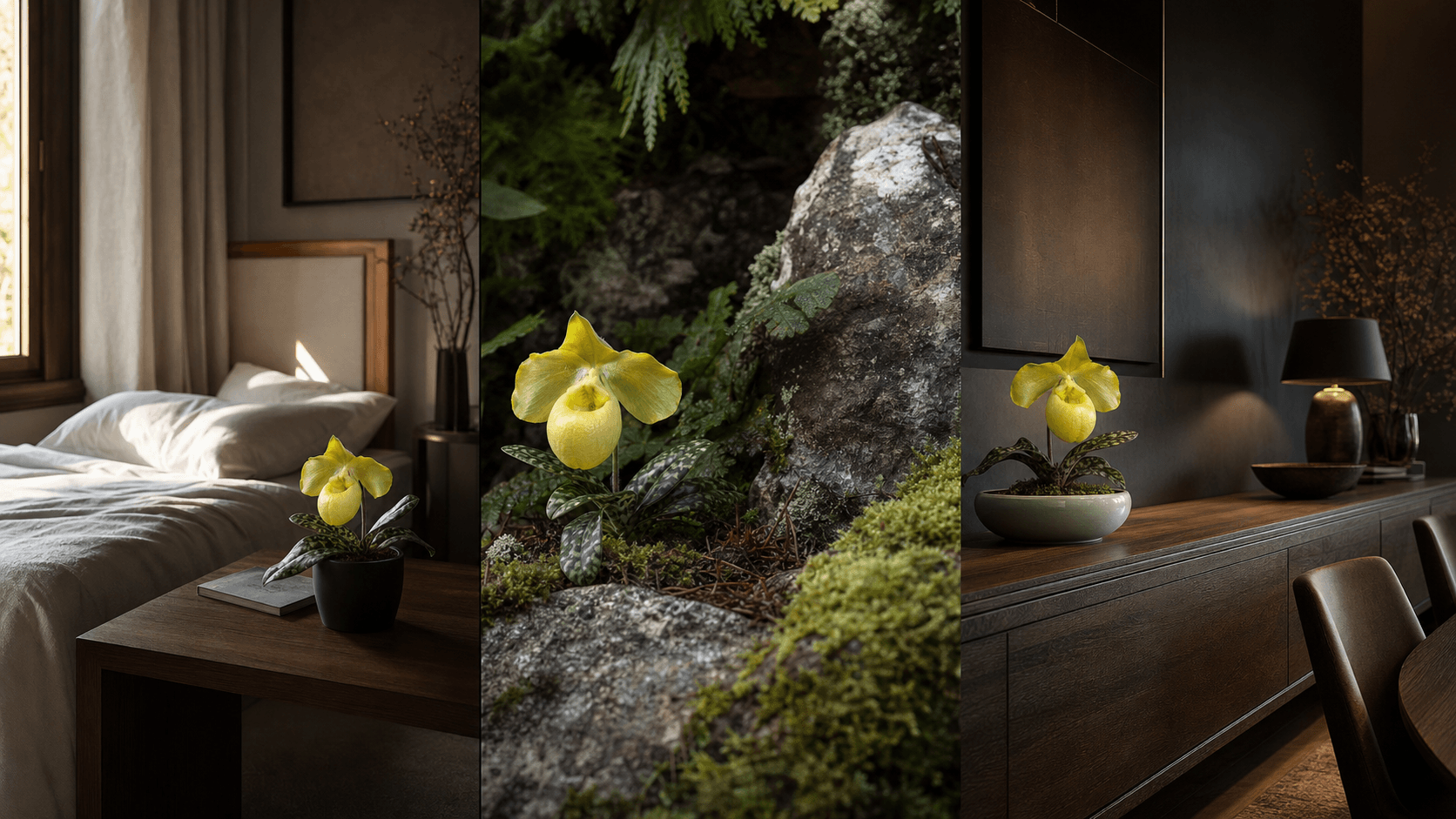 Armeniacum slipper orchid shown in three settings: Refined living room, Bright architectural entryway, Sheltered patio