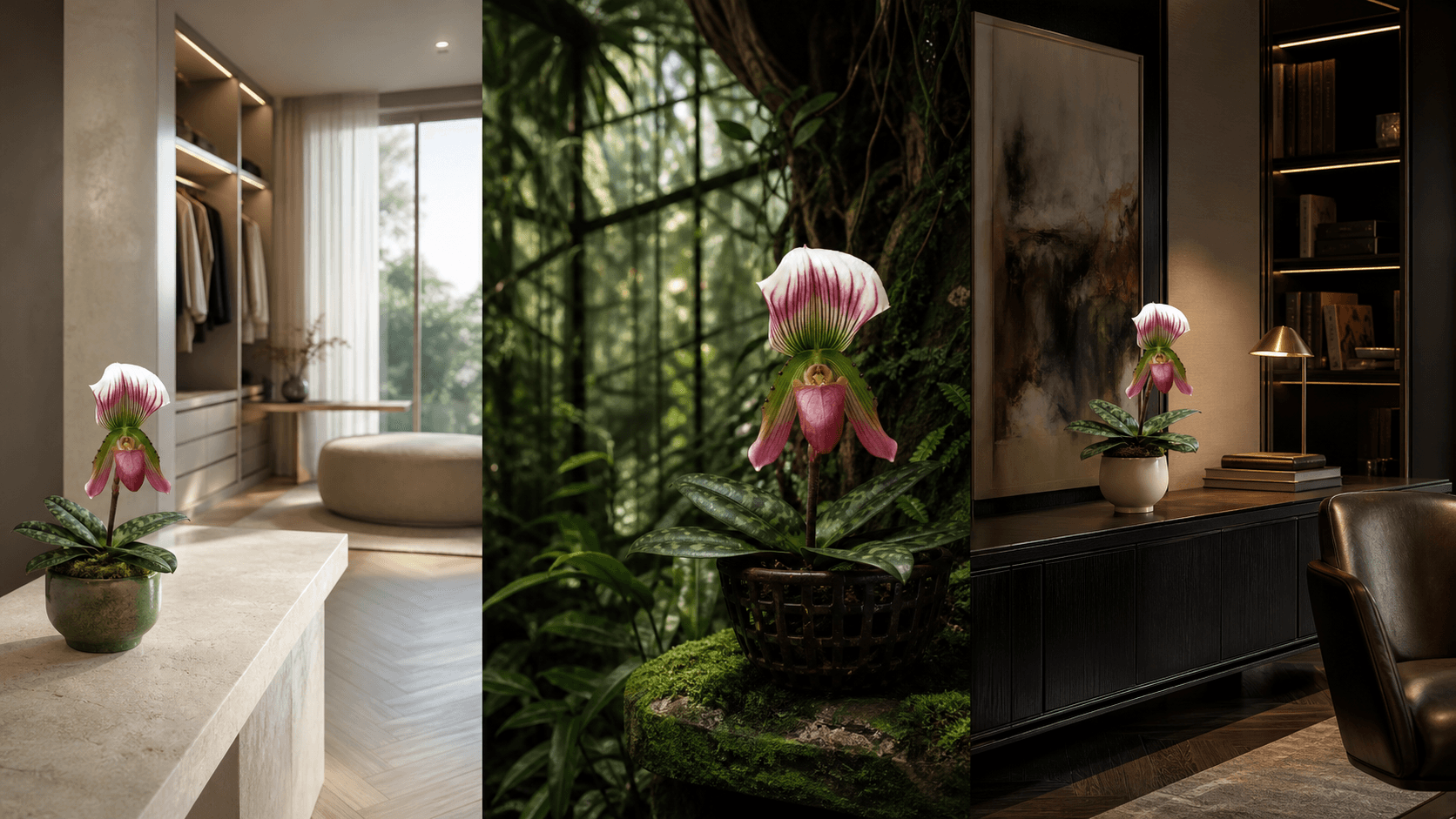 Callosum slipper orchid shown in three settings: Refined living room, Bright architectural entryway, Sheltered patio