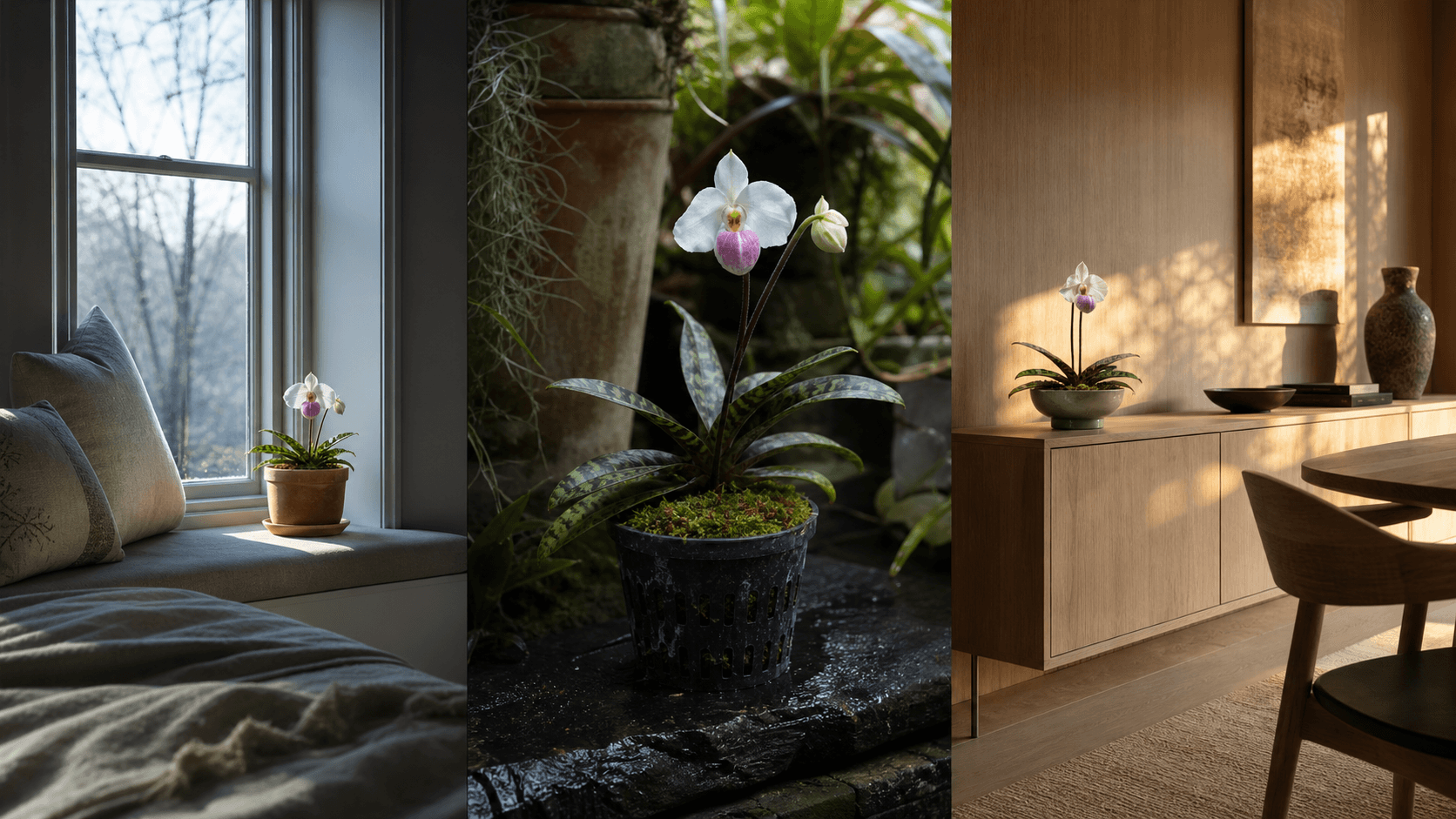 Delenatii slipper orchid shown in three settings: Refined living room, Bright architectural entryway, Sheltered patio
