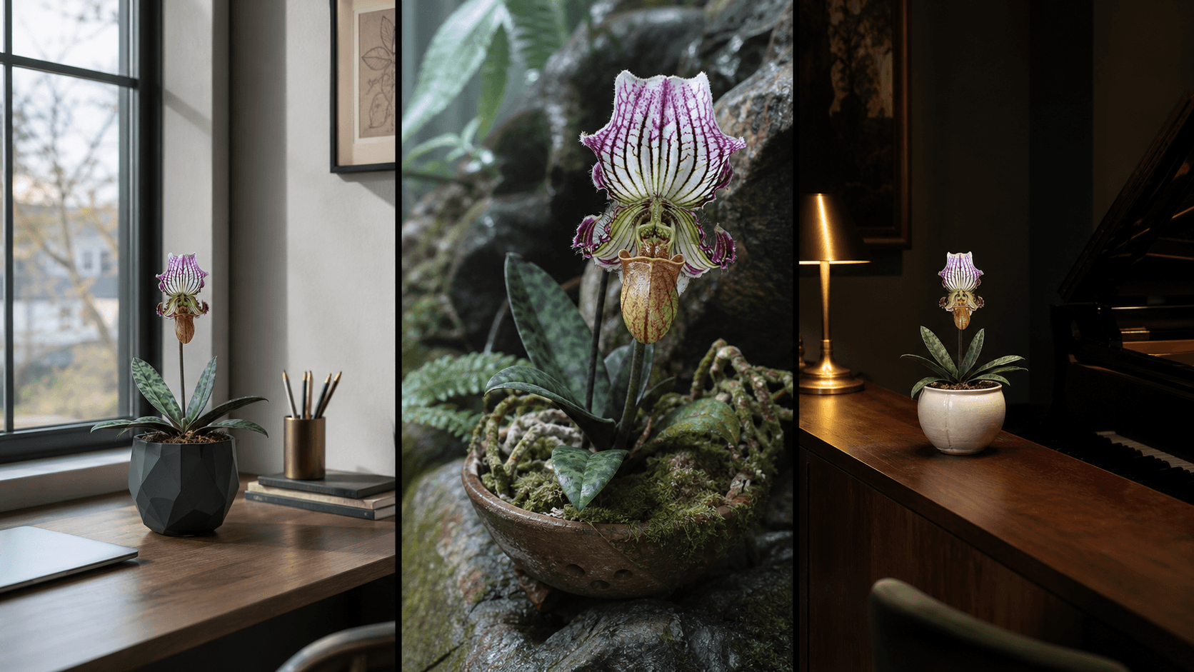 Fairrieanum slipper orchid shown in three settings: Refined living room, Bright architectural entryway, Sheltered patio