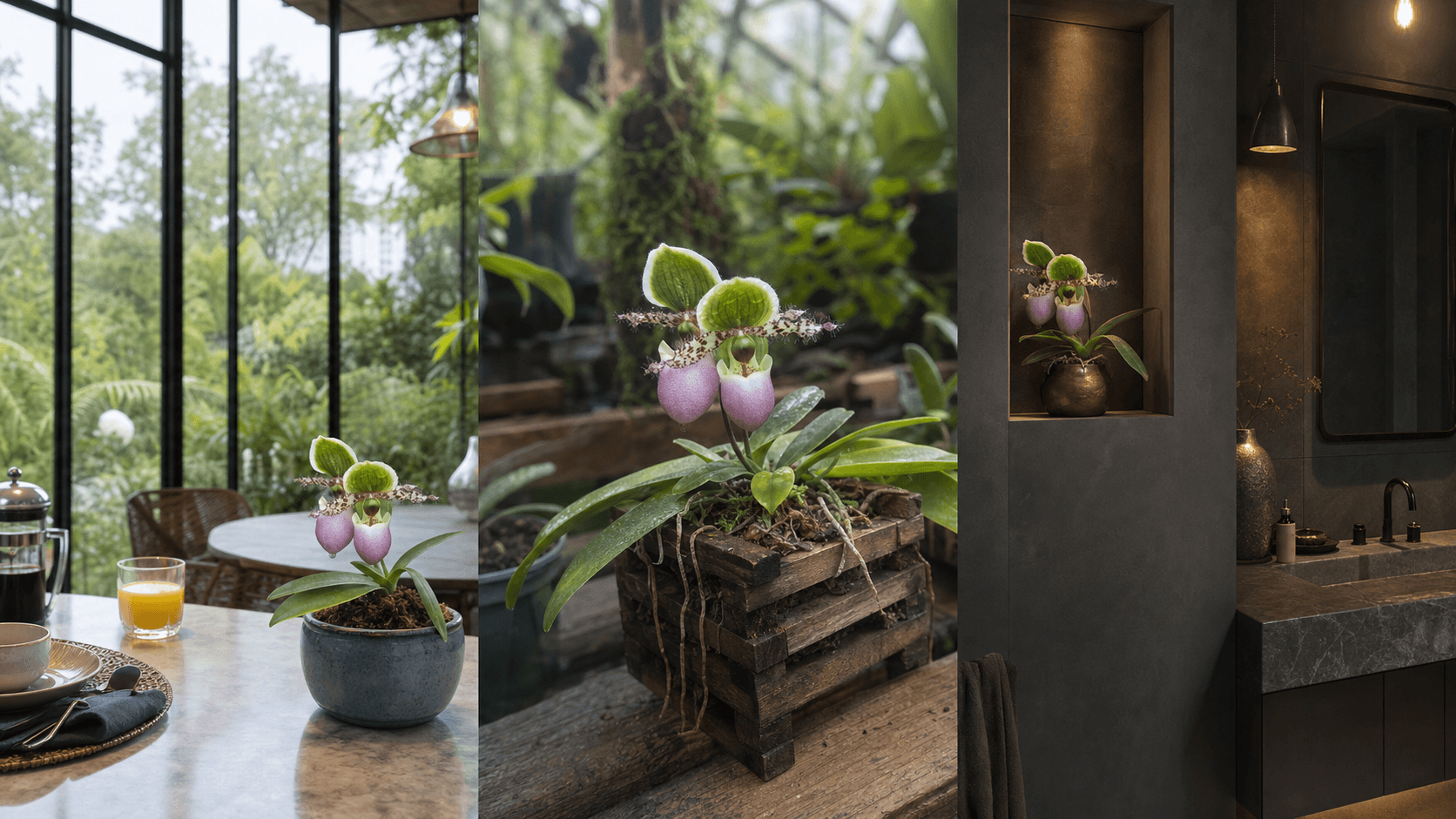 Glaucophyllum slipper orchid shown in three settings: Refined living room, Bright architectural entryway, Sheltered patio