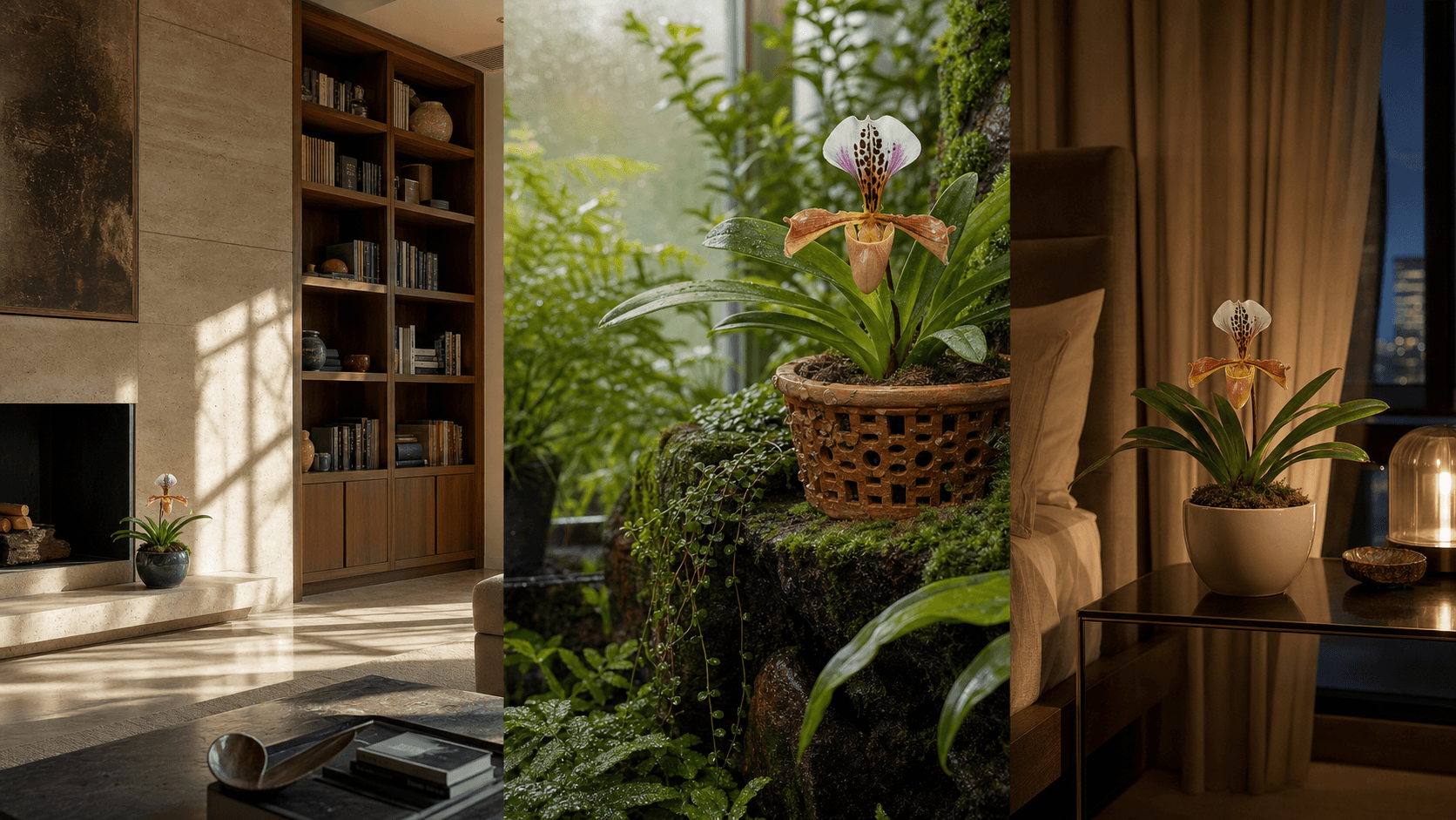 Gratrixianum slipper orchid shown in three settings: Refined living room, Bright architectural entryway, Sheltered patio