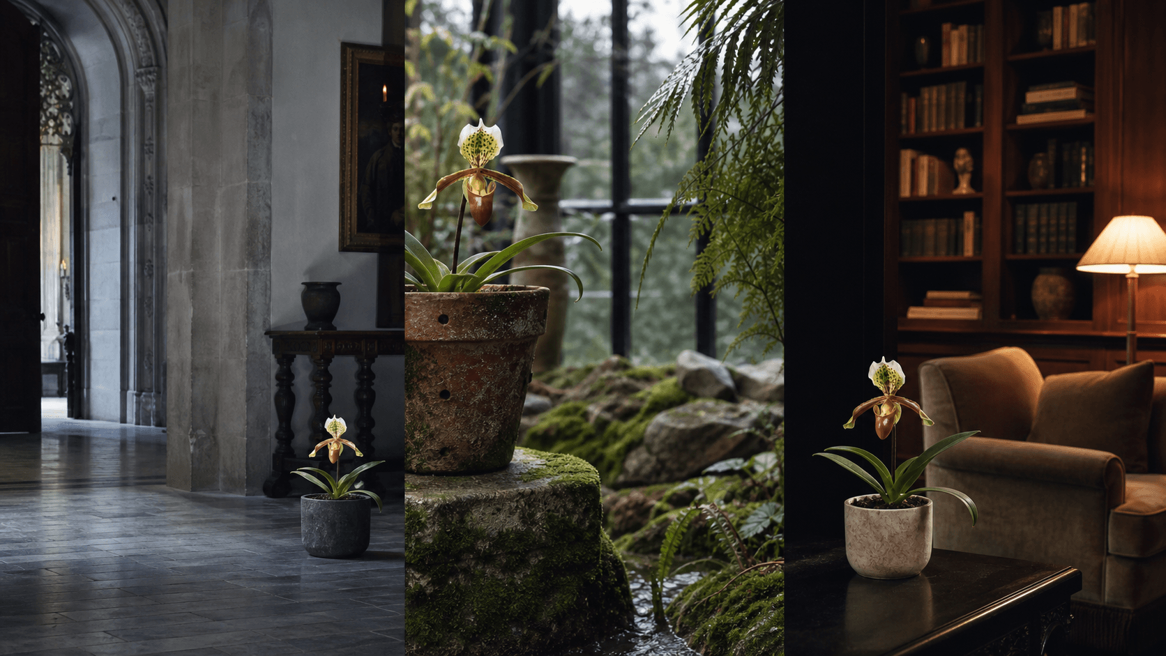 Insigne slipper orchid shown in three settings: Refined living room, Bright architectural entryway, Sheltered patio