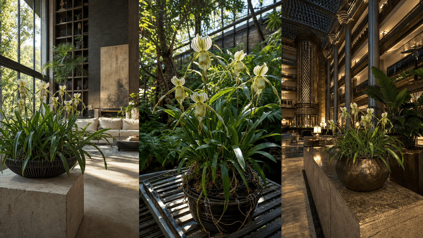 Kolopakingii slipper orchid shown in three settings: Refined living room, Bright architectural entryway, Sheltered patio