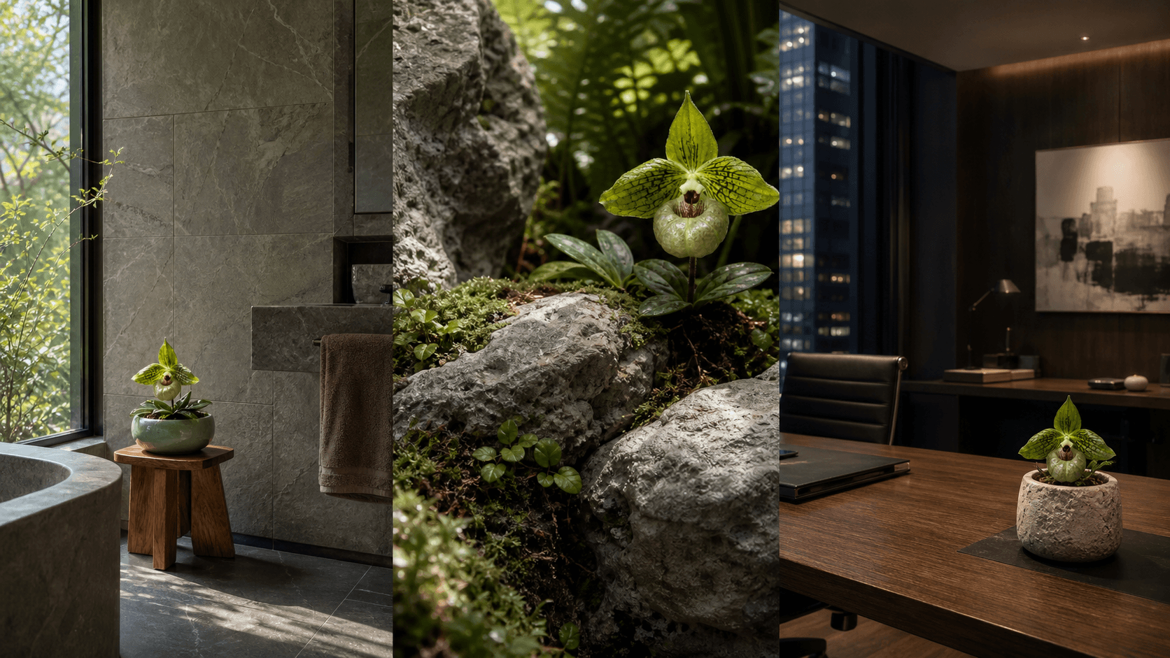 Malipoense slipper orchid shown in three settings: Refined living room, Bright architectural entryway, Sheltered patio