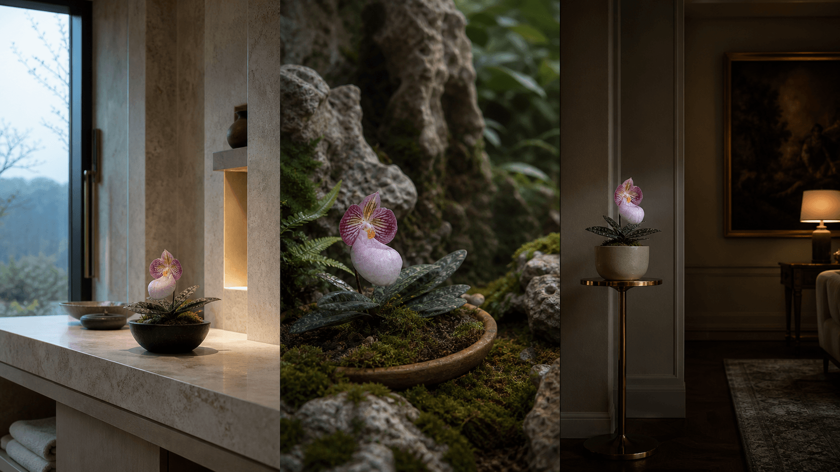 Micranthum slipper orchid shown in three settings: Refined living room, Bright architectural entryway, Sheltered patio