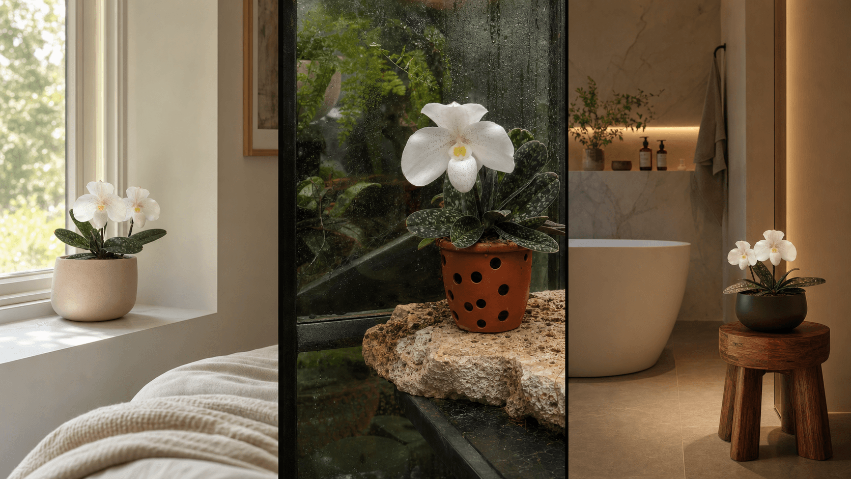 Niveum slipper orchid shown in three settings: Refined living room, Bright architectural entryway, Sheltered patio