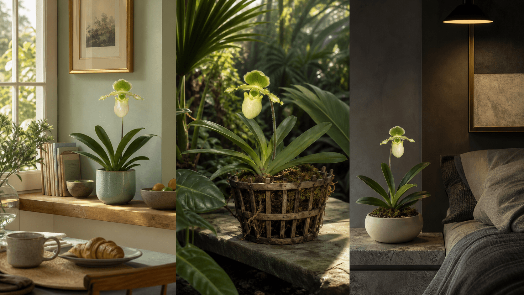 Primulinum slipper orchid shown in three settings: Refined living room, Bright architectural entryway, Sheltered patio