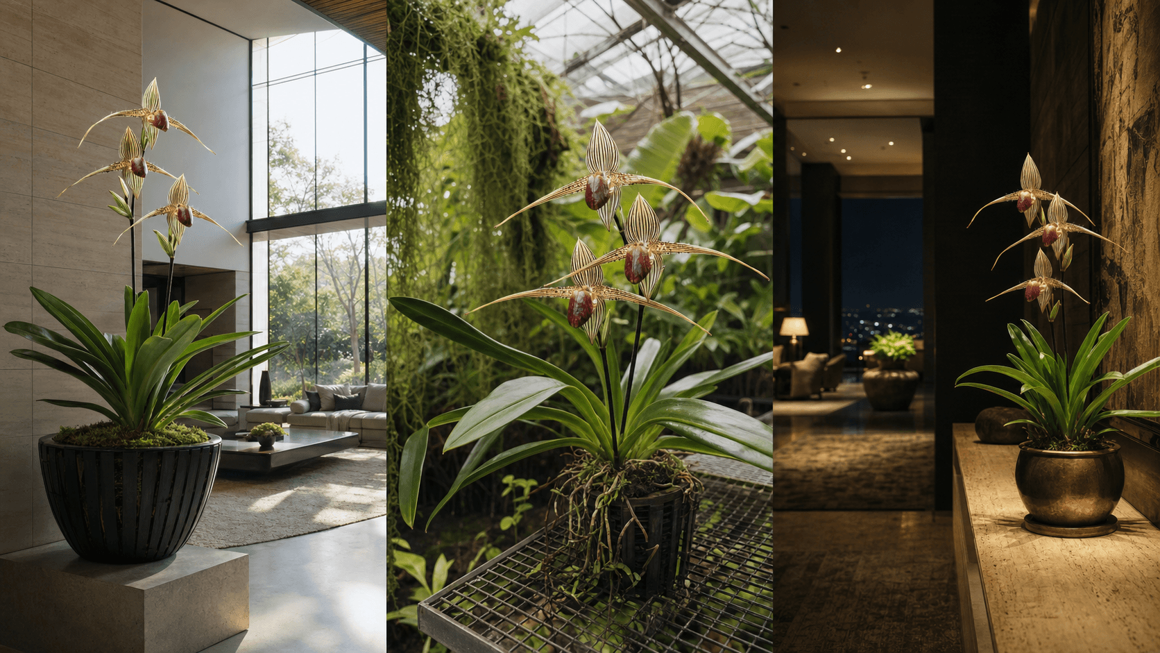 Rothschildianum slipper orchid shown in three settings: Refined living room, Bright architectural entryway, Sheltered patio
