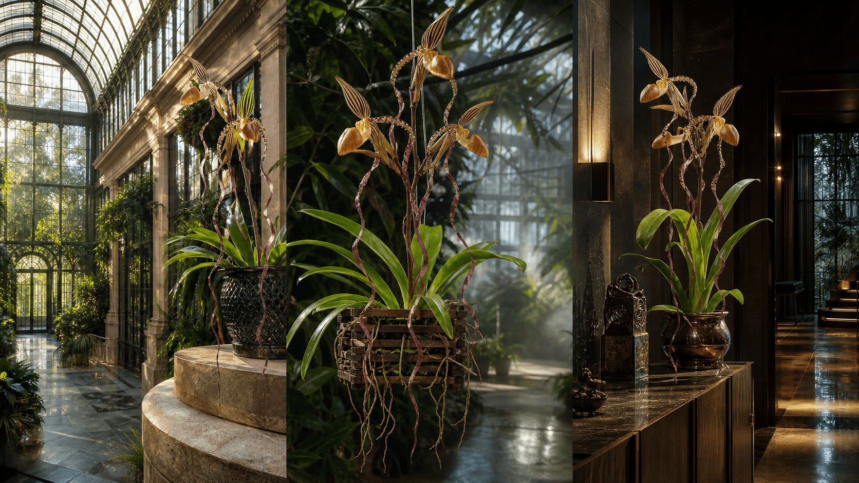 Sanderianum slipper orchid shown in three settings: Refined living room, Bright architectural entryway, Sheltered patio