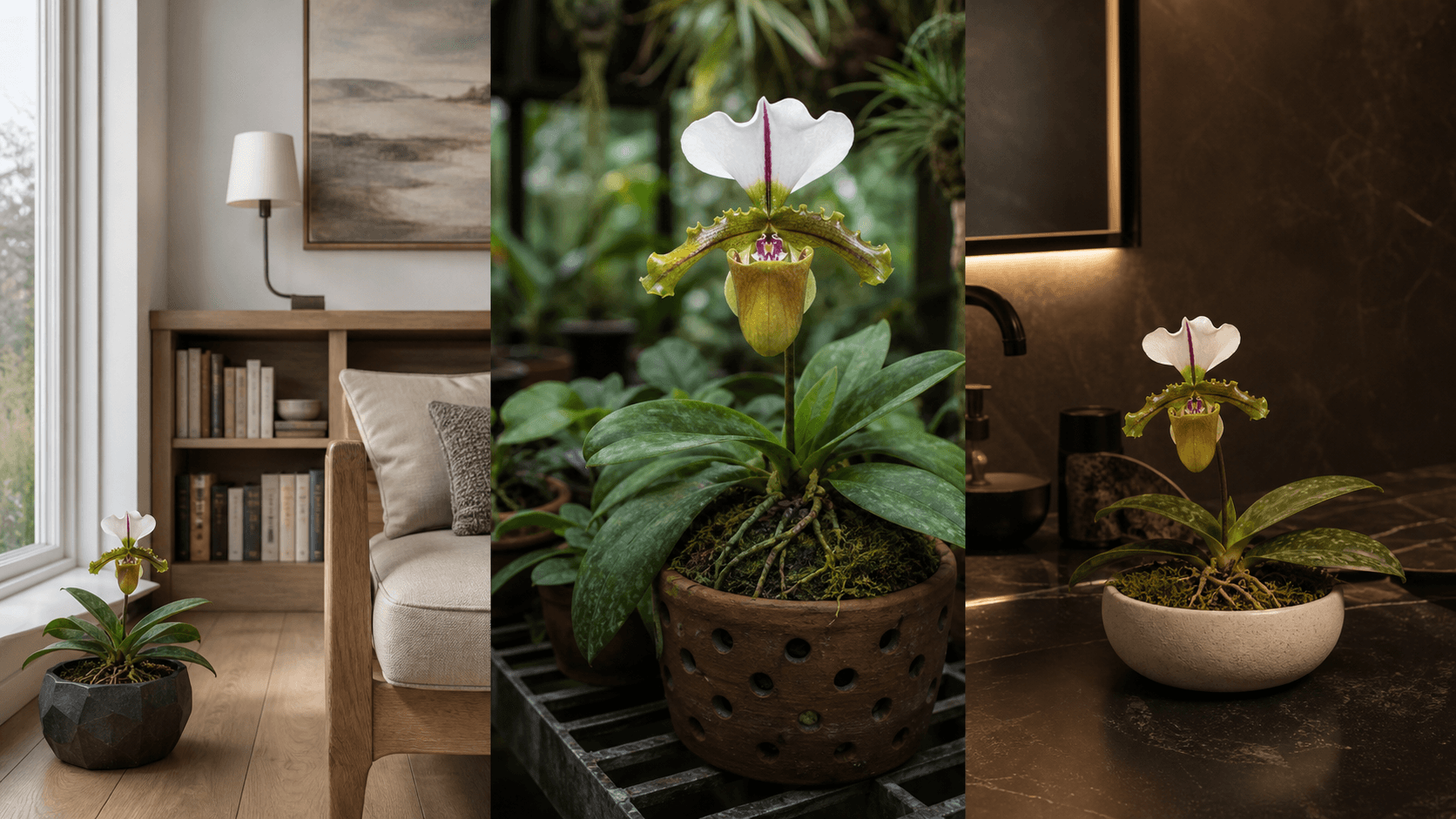 Spicerianum slipper orchid shown in three settings: Refined living room, Bright architectural entryway, Sheltered patio