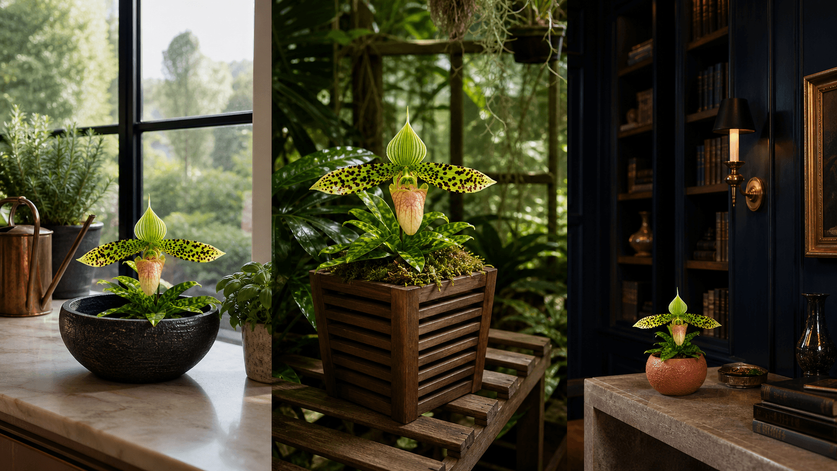 Sukhakulii slipper orchid shown in three settings: Refined living room, Bright architectural entryway, Sheltered patio