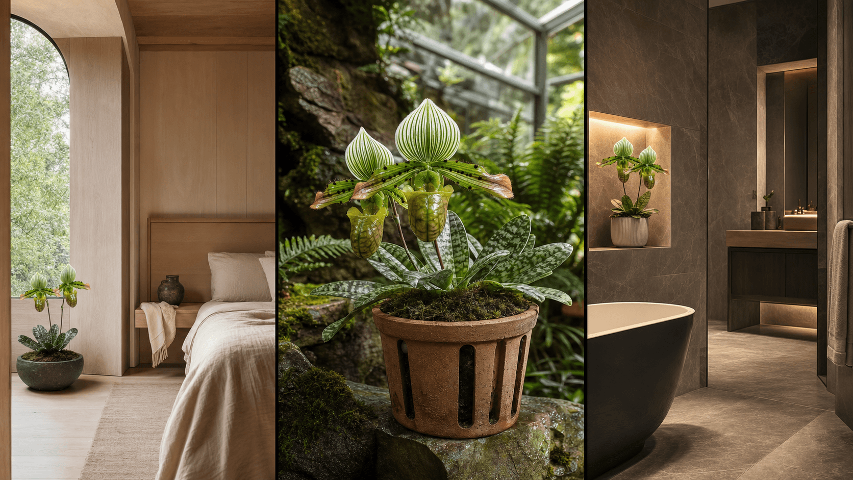Venustum slipper orchid shown in three settings: Refined living room, Bright architectural entryway, Sheltered patio