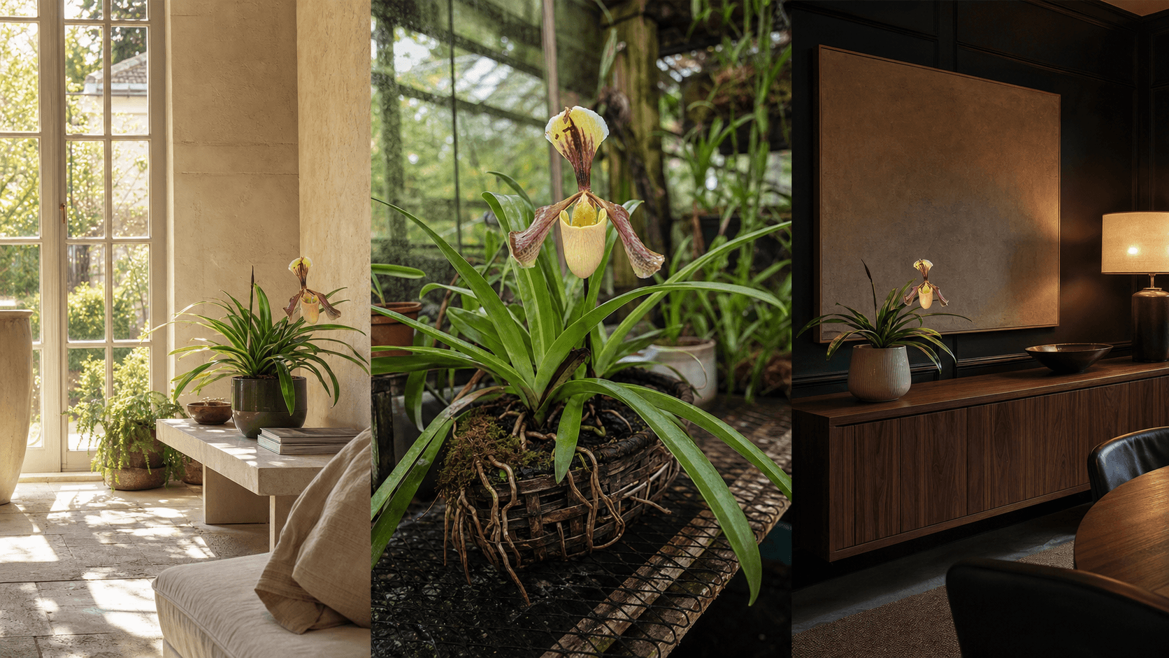 Villosum slipper orchid shown in three settings: Refined living room, Bright architectural entryway, Sheltered patio