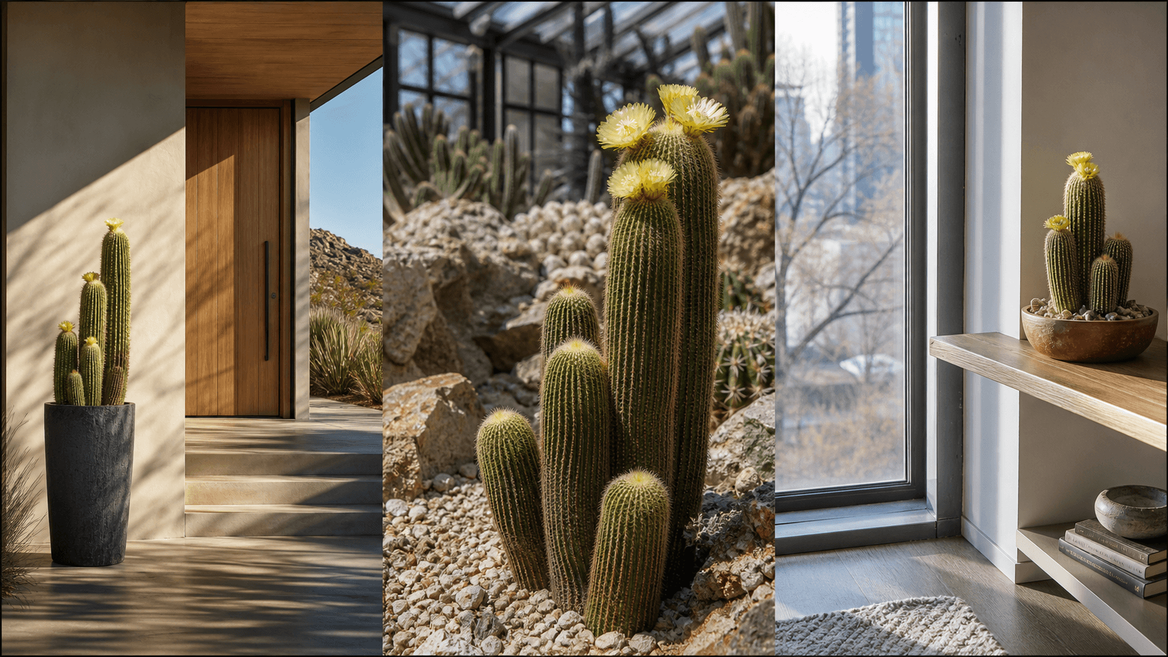 Leninghausii ball cactus shown in three settings: Bright executive office, Modern living room, Sheltered patio