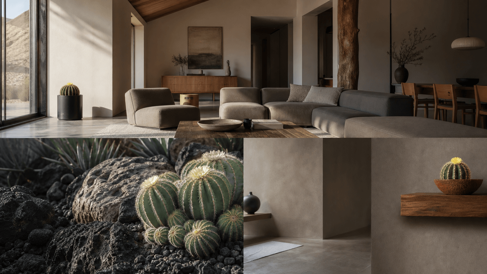 Magnifica ball cactus shown in three settings: Bright executive office, Modern living room, Sheltered patio