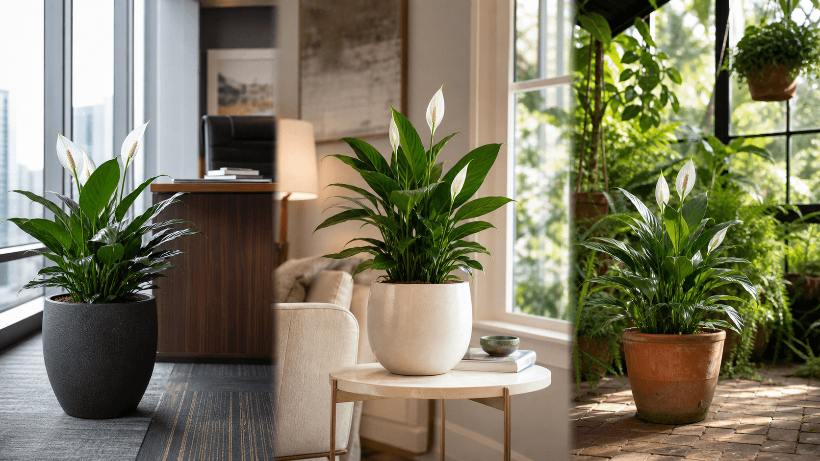 Peace Lily shown in three settings: Refined living room, Bright architectural entryway, Sheltered patio
