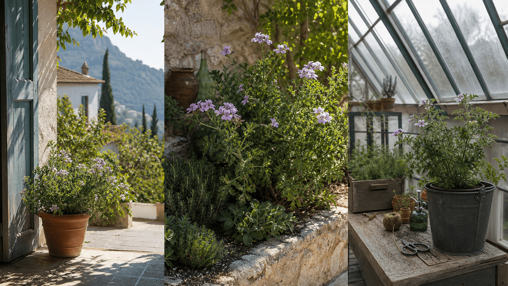 Rose-Scented Geranium shown in three settings: Executive office, Refined living room, Bright conservatory