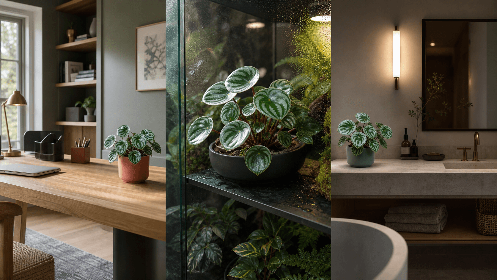 Watermelon Peperomia shown in three settings: Executive office, Refined living room, Bright conservatory
