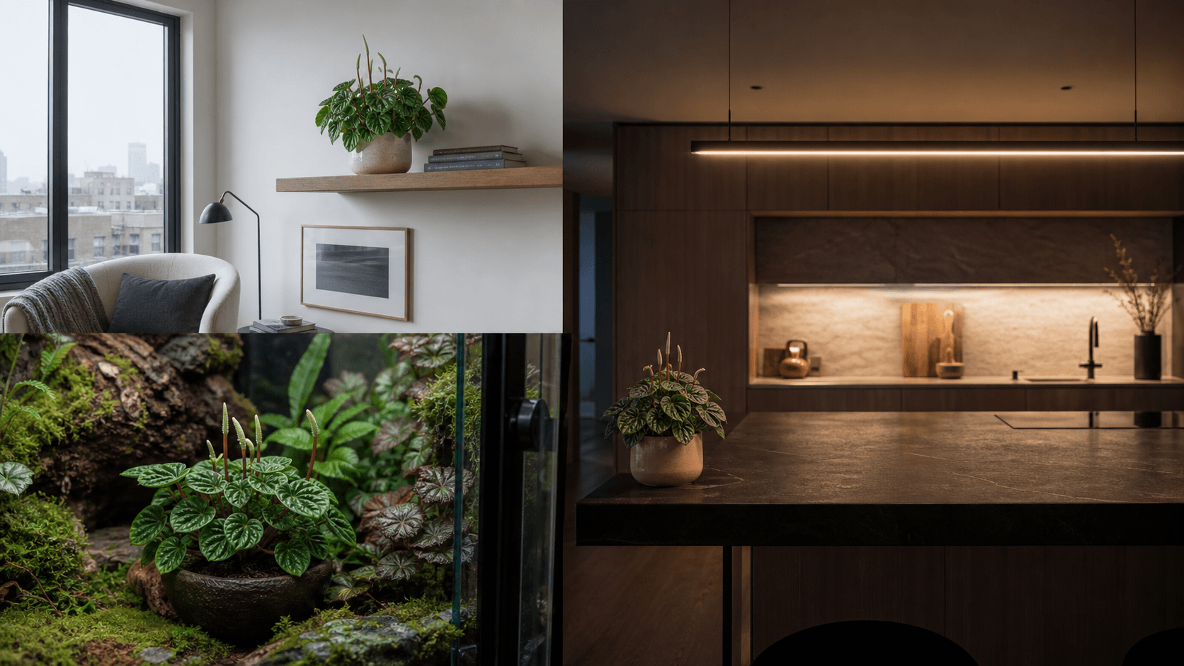 Caperata radiator plant shown in three settings: Executive office, Refined living room, Bright conservatory