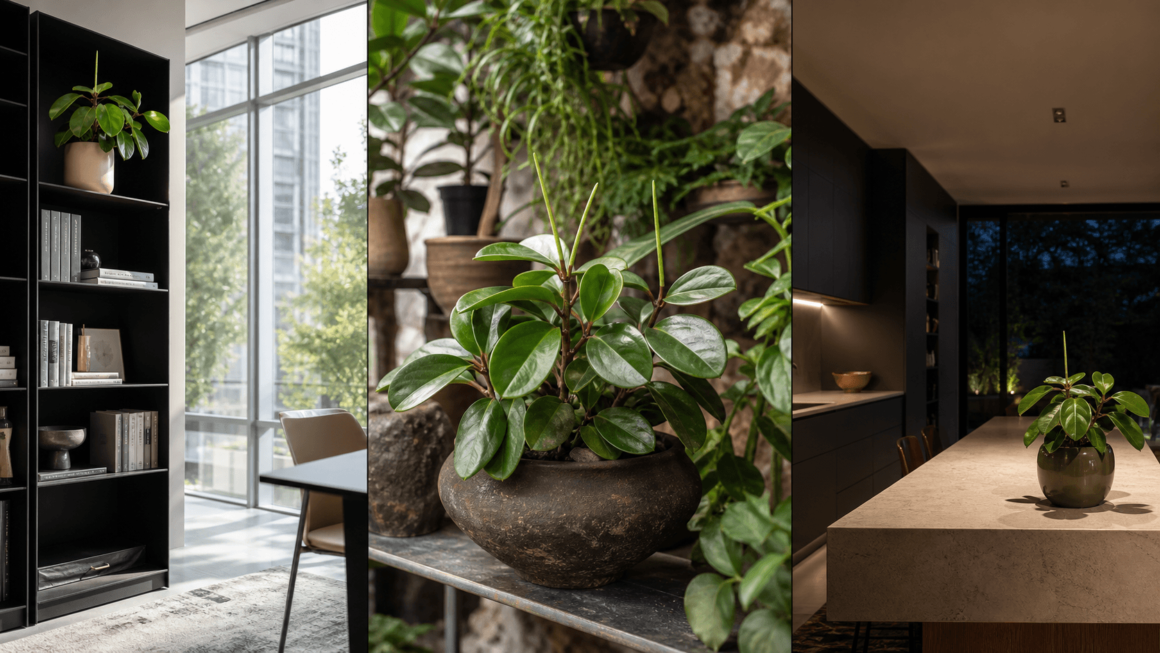 Clusiifolia radiator plant shown in three settings: Executive office, Refined living room, Bright conservatory