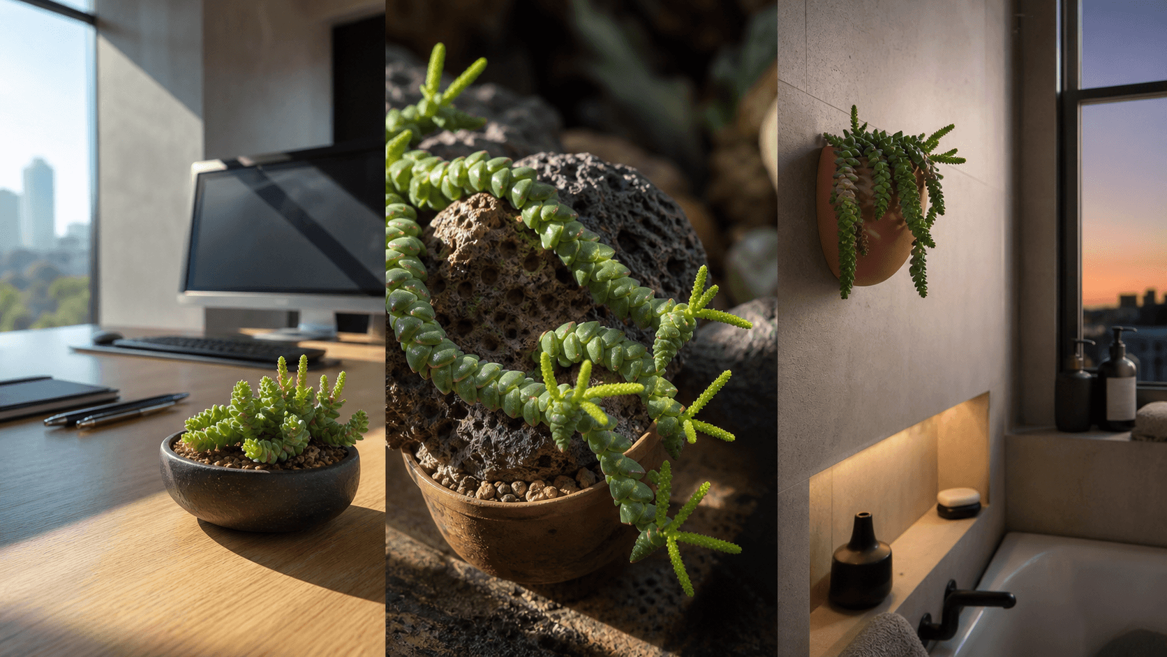 Columella radiator plant shown in three settings: Executive office, Refined living room, Bright conservatory