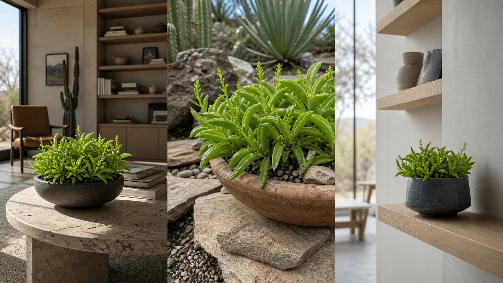 Dolabriformis radiator plant shown in three settings: Executive office, Refined living room, Bright conservatory