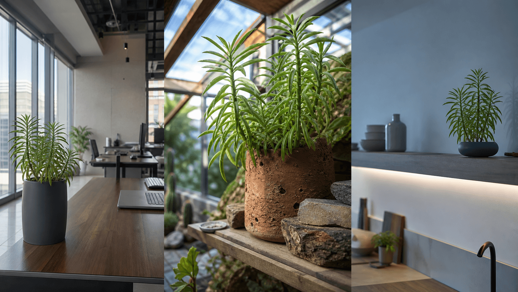 Ferreyrae radiator plant shown in three settings: Executive office, Refined living room, Bright conservatory