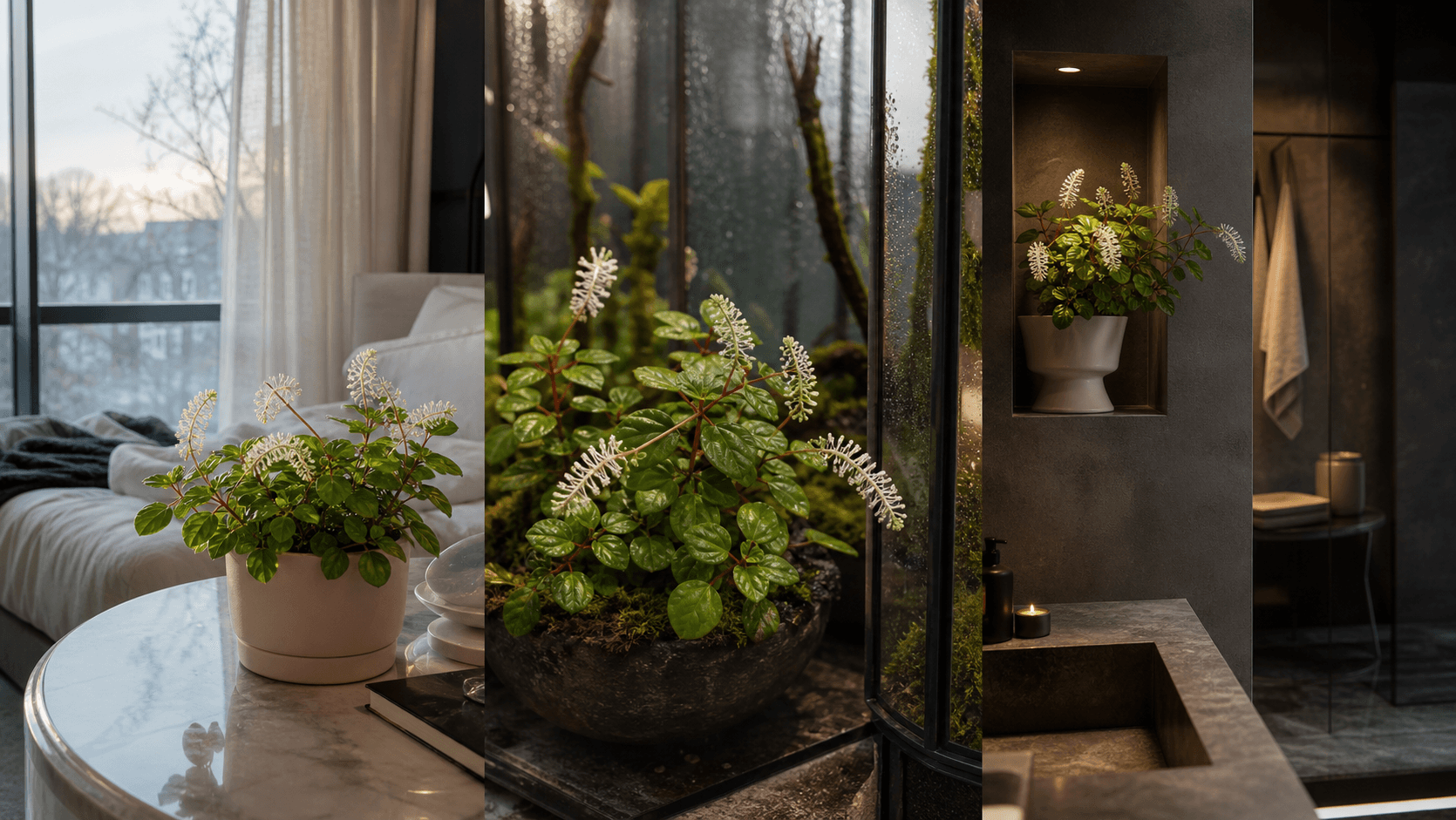 Fraseri radiator plant shown in three settings: Executive office, Refined living room, Bright conservatory