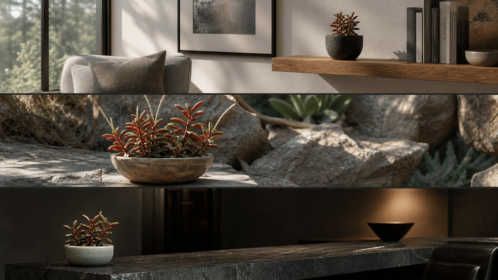 Graveolens radiator plant shown in three settings: Executive office, Refined living room, Bright conservatory
