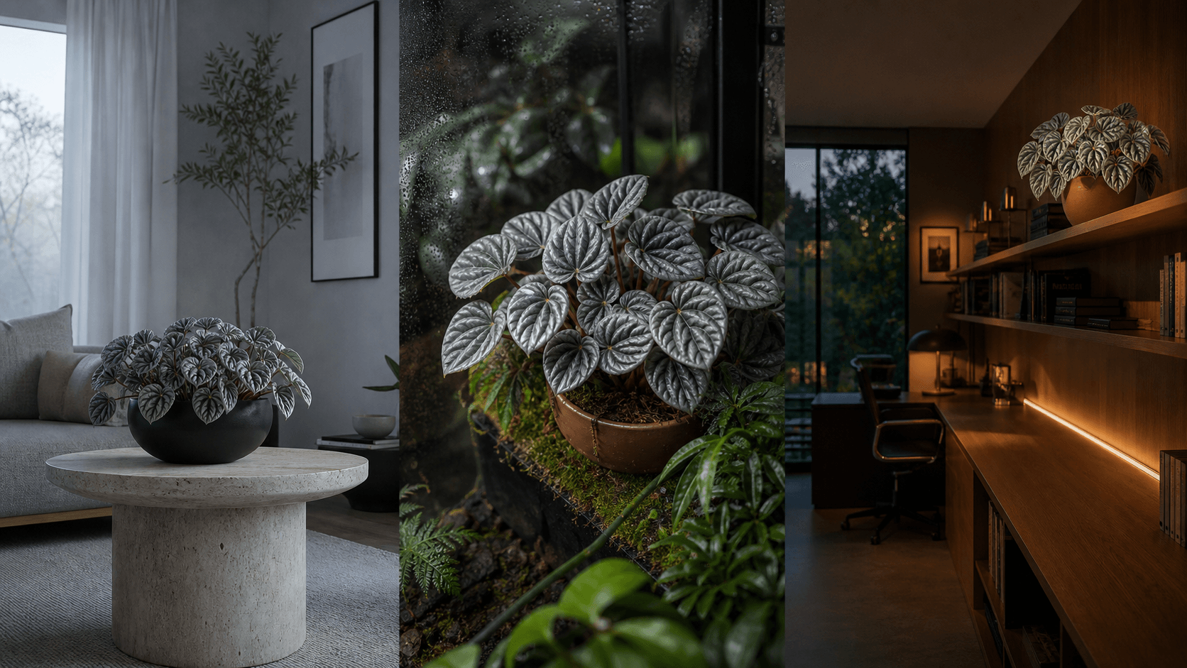 Griseoargentea radiator plant shown in three settings: Executive office, Refined living room, Bright conservatory