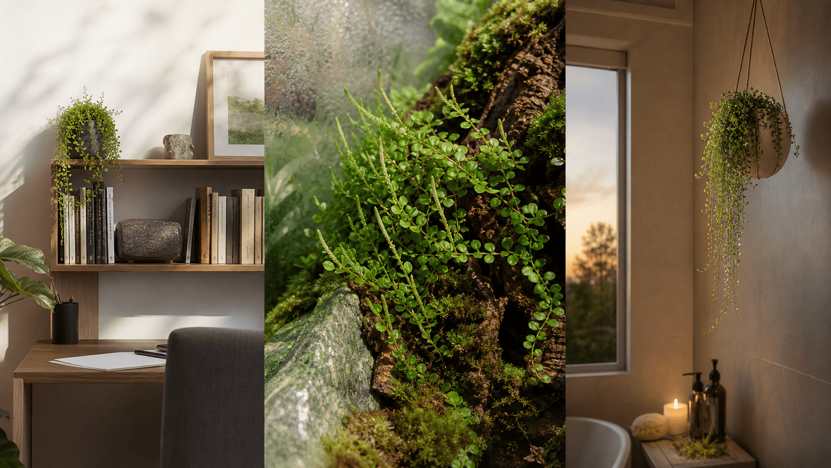 Hoffmannii radiator plant shown in three settings: Executive office, Refined living room, Bright conservatory