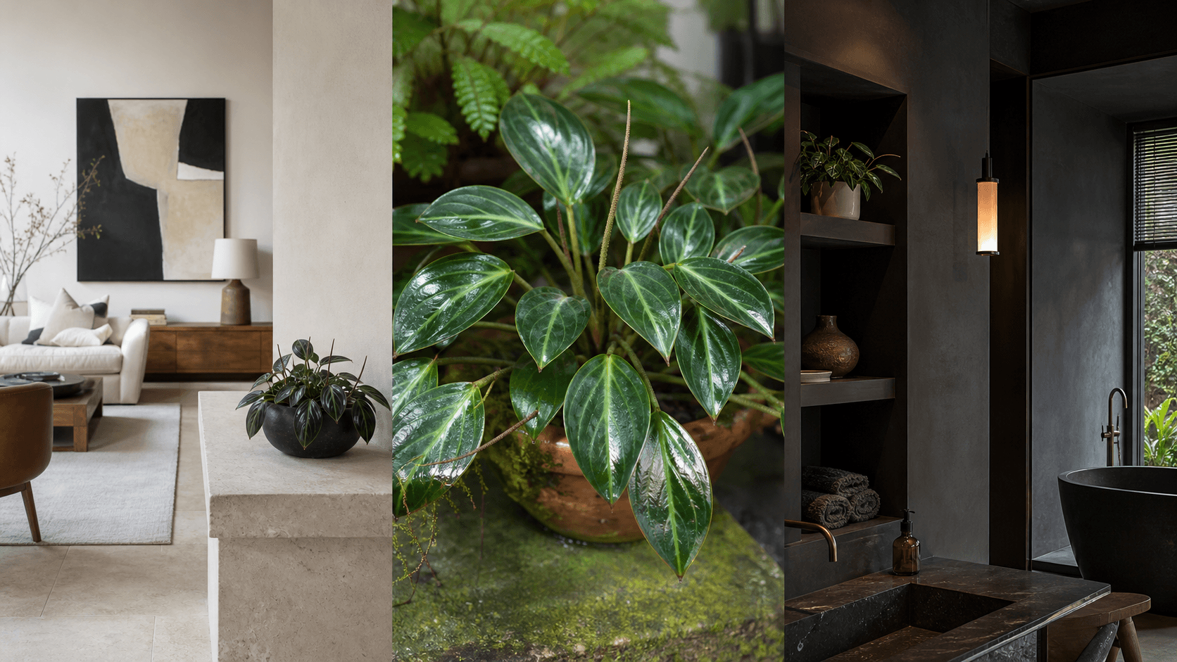 Maculosa radiator plant shown in three settings: Executive office, Refined living room, Bright conservatory