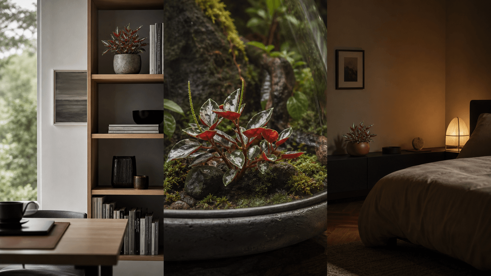 Metallica radiator plant shown in three settings: Executive office, Refined living room, Bright conservatory