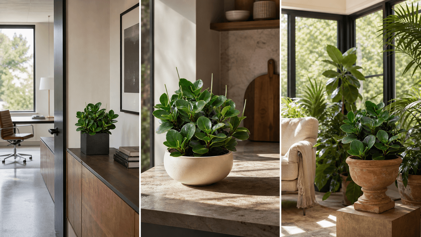 Baby rubber plant shown in three settings: Executive office, Refined living room, Bright conservatory