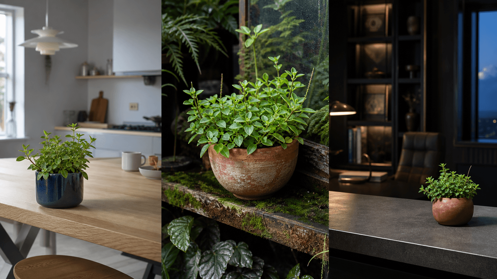 Orba radiator plant shown in three settings: Executive office, Refined living room, Bright conservatory
