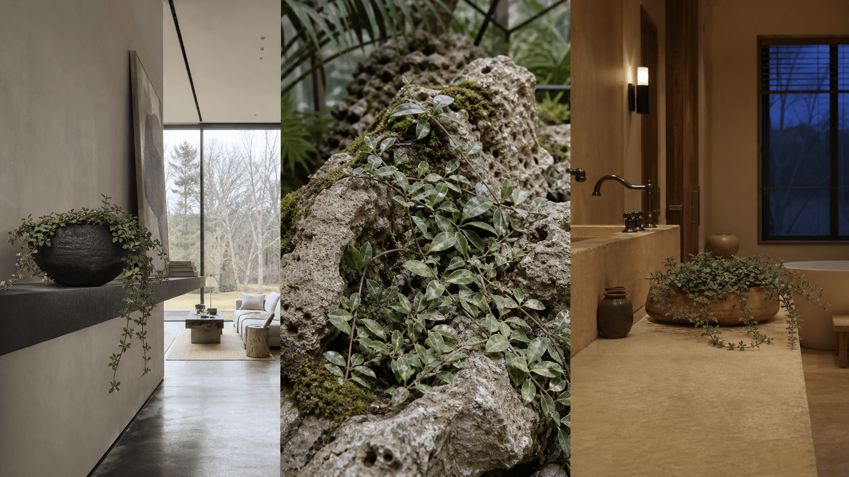 Pereskiifolia radiator plant shown in three settings: Executive office, Refined living room, Bright conservatory