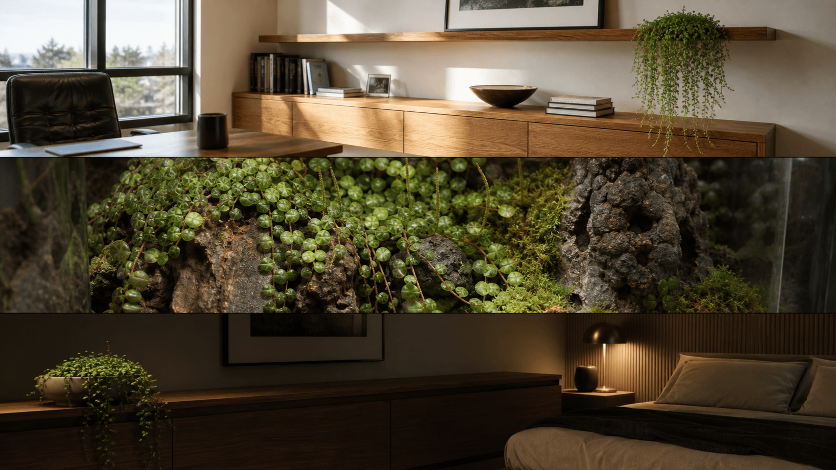 Prostrata radiator plant shown in three settings: Executive office, Refined living room, Bright conservatory
