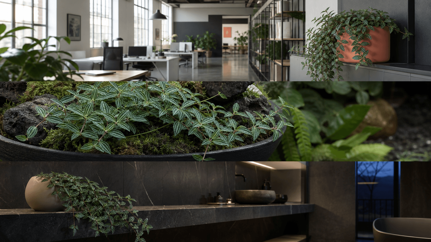 Puteolata radiator plant shown in three settings: Executive office, Refined living room, Bright conservatory