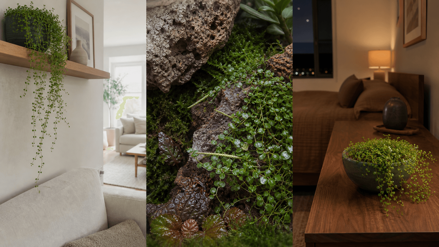 Rotundifolia radiator plant shown in three settings: Executive office, Refined living room, Bright conservatory
