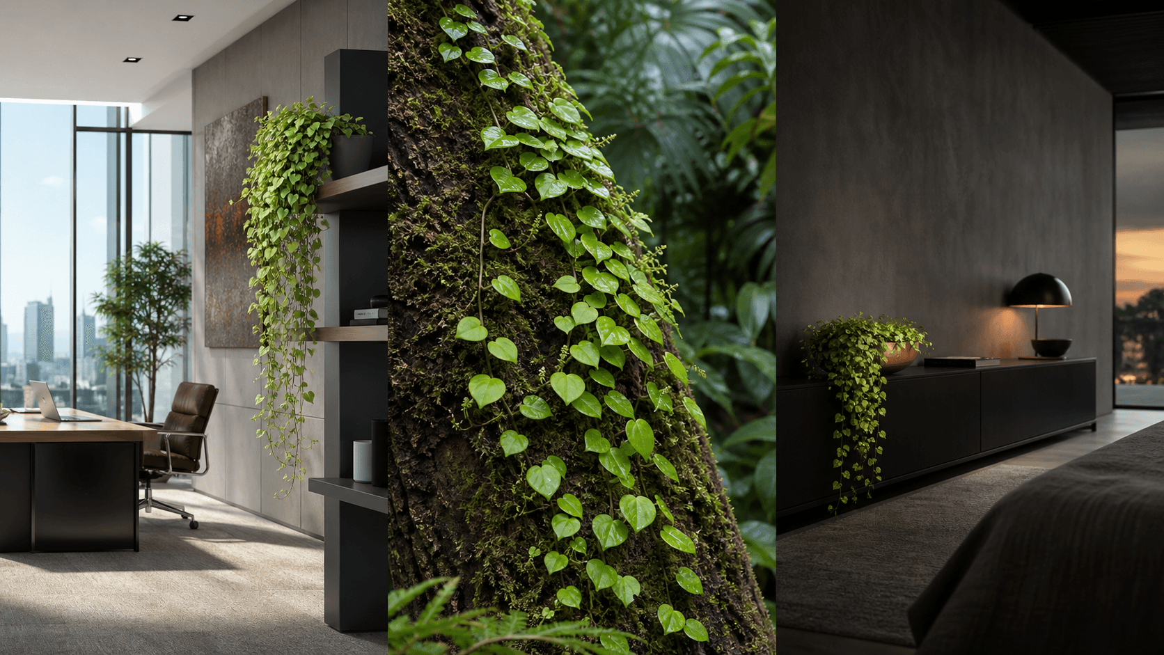 Scandens radiator plant shown in three settings: Executive office, Refined living room, Bright conservatory