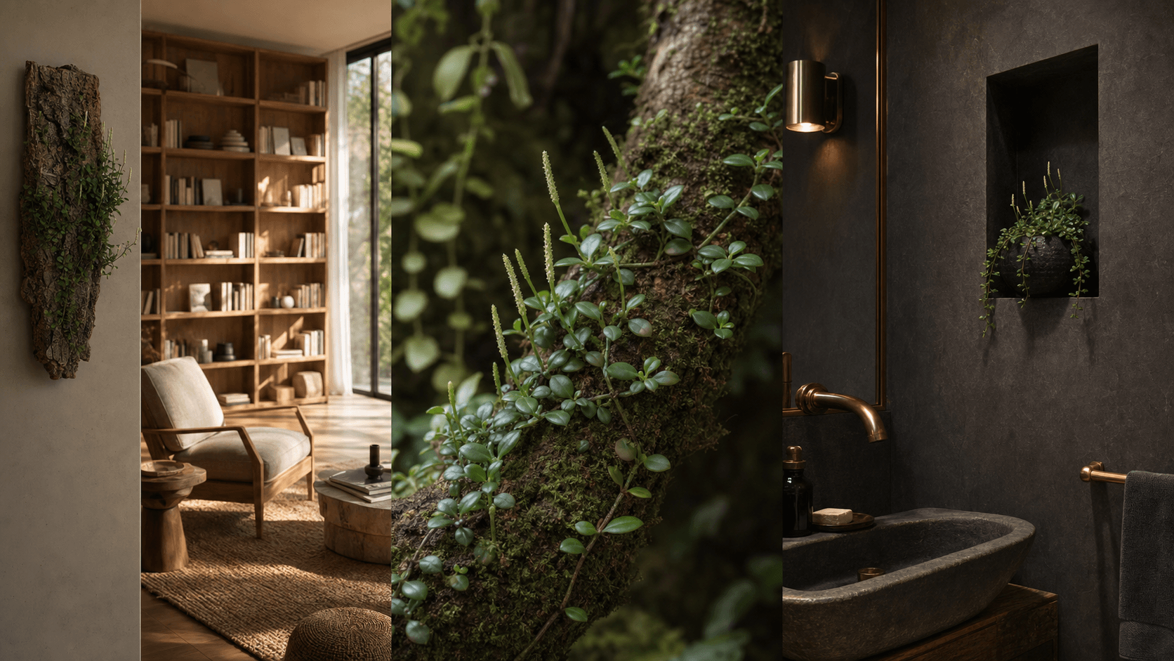 Tetraphylla radiator plant shown in three settings: Executive office, Refined living room, Bright conservatory
