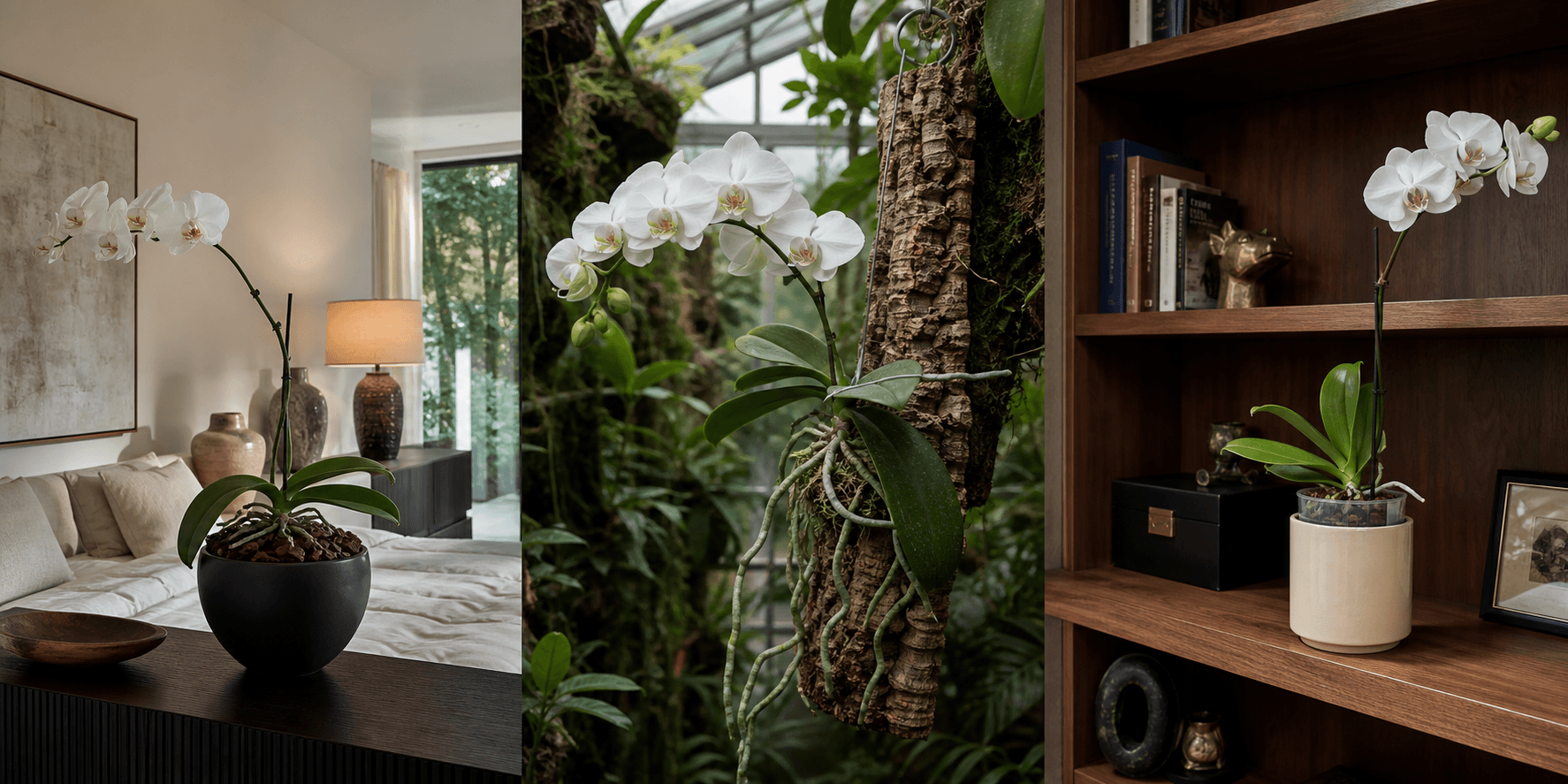 Moon orchid shown in three settings: Refined living room, Bright architectural entryway, Sheltered patio