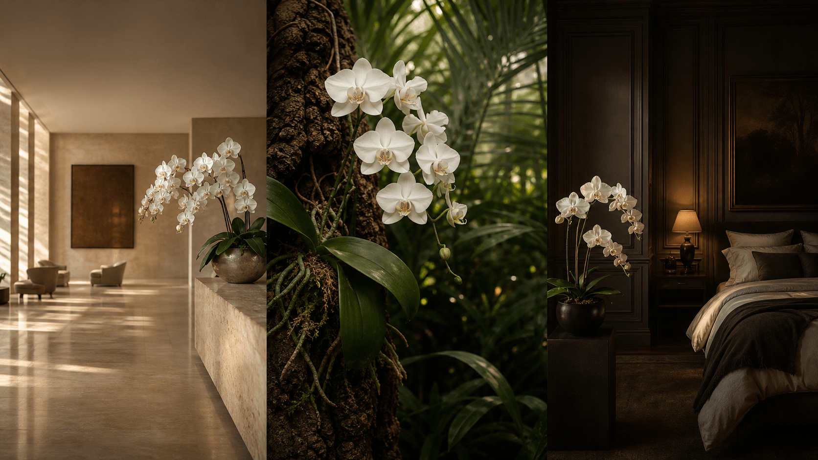 Aphrodite moth orchid shown in three settings: Refined living room, Bright architectural entryway, Sheltered patio