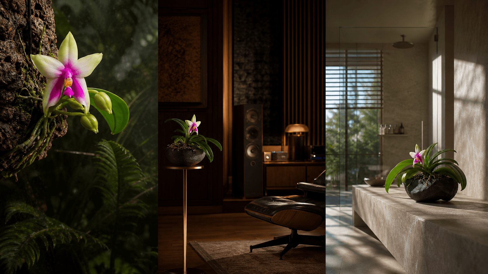 Bellina moth orchid shown in three settings: Refined living room, Bright architectural entryway, Sheltered patio