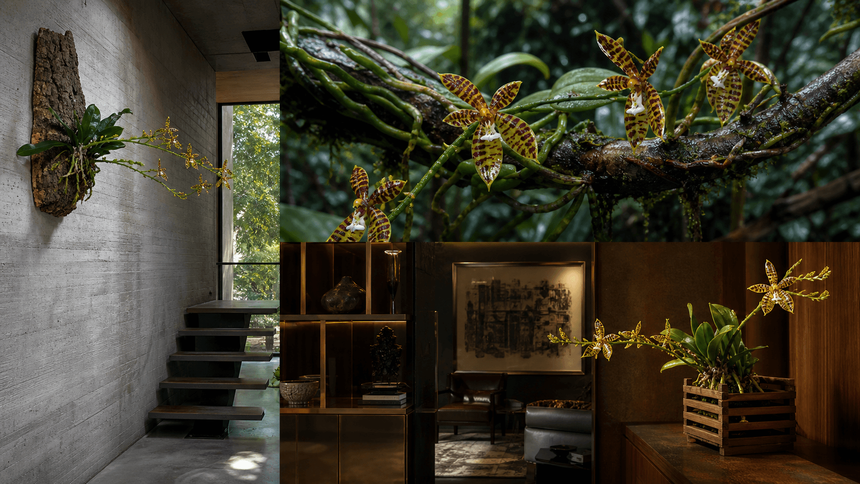 Cornu Cervi moth orchid shown in three settings: Refined living room, Bright architectural entryway, Sheltered patio
