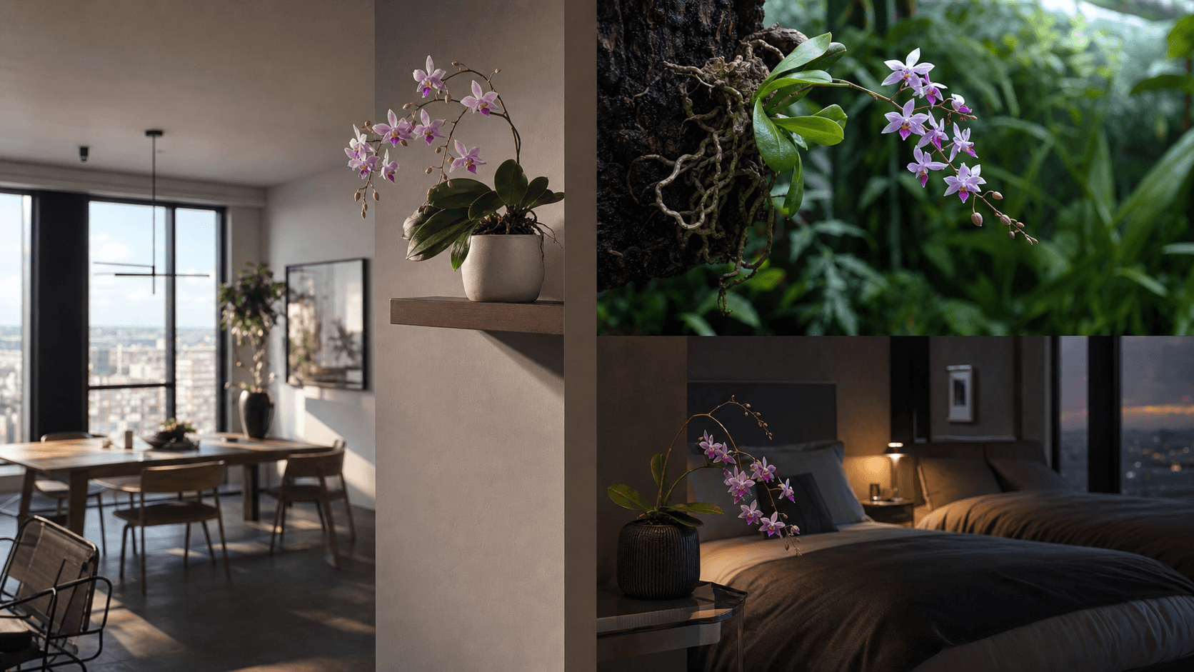 Equestris moth orchid shown in three settings: Refined living room, Bright architectural entryway, Sheltered patio